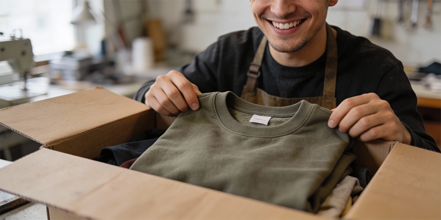 artisan heureux découvrant dans un carton sa commande de textiles personnalisés
