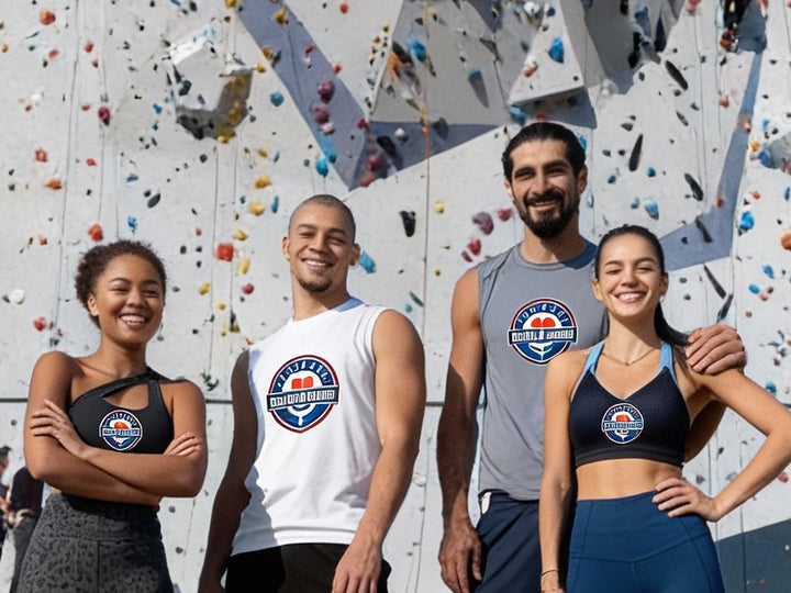 membre d'une association sportive avec leurs tenues de club imprimées en DTF  devant le mur d'escalade du Val Saint-Martin à Pornic