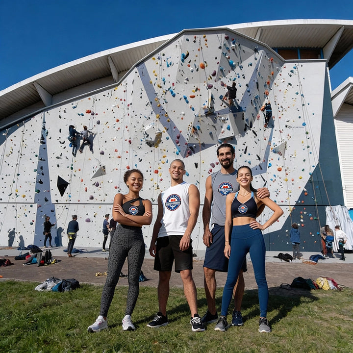 equipe de sport devant le mur d'escalade du val saint martin à Pornic 