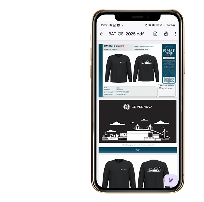 smartphone avec a l'ecran le bon a tirer  pour le projet de marquage de sweatshirt