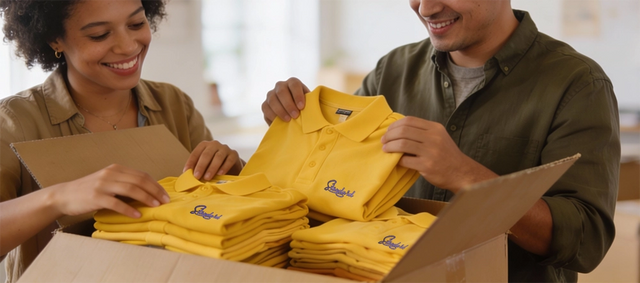 Membre d'une association déballant leur commande de polos personnalisés