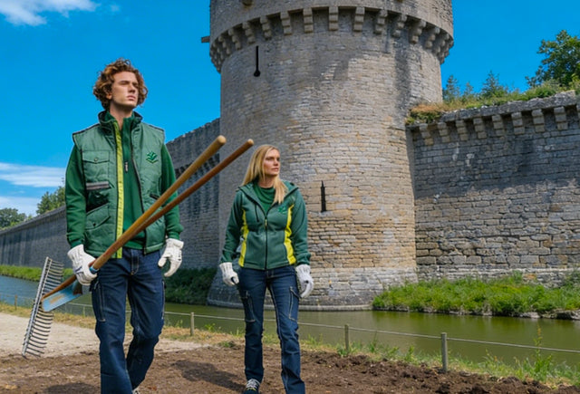 paysagiste en  tenue de travail devant le chateau de Guerande