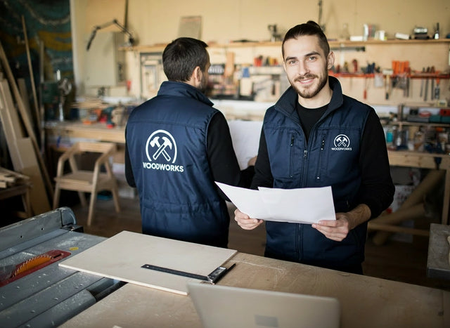 Deux menuisiers de wodworks Pornic dans leur atelier de dos et de face avec des vestes de travail logotées par Pop'Art Design