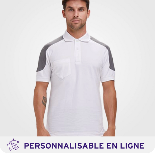 Polo homme bicolore blanc et gris avec poche, vêtement professionnel à personnaliser pour les artisans et entreprises de Saint-Nazaire et du 44