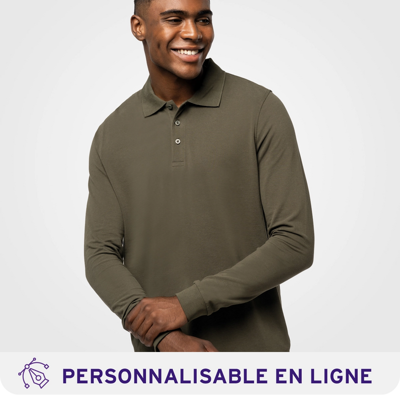 Chargez l'image dans la visionneuse de la galerie, Polo homme kaki à manches longues, textile personnalisable avec logo réalisé dans notre atelier local pour les pros de Pornic
