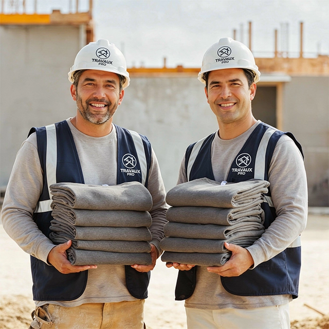 Deux ouvriers de Travaux pro BTP à Guérande sur un chantier avec dans leur bras des tenues de travail imprimées par Pop'Art Design
