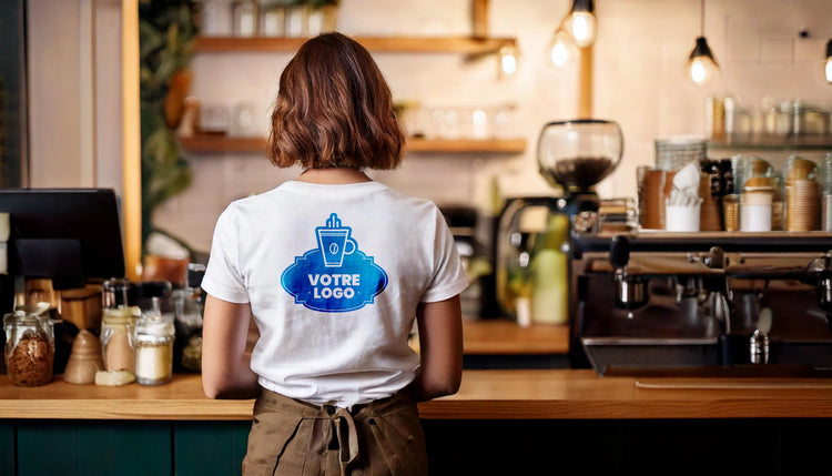 Femme de dos dans un restaurant portant un tee-shirt marqué du logo de l'entreprise
