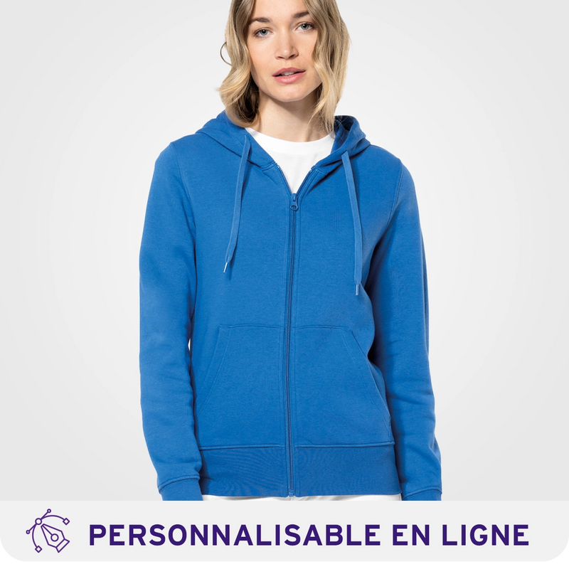 Chargez l'image dans la visionneuse de la galerie, Sweat à capuche zippé bleu pour femme en coton bio, textile personnalisable pour les professionnelles de La Baule et du 44
