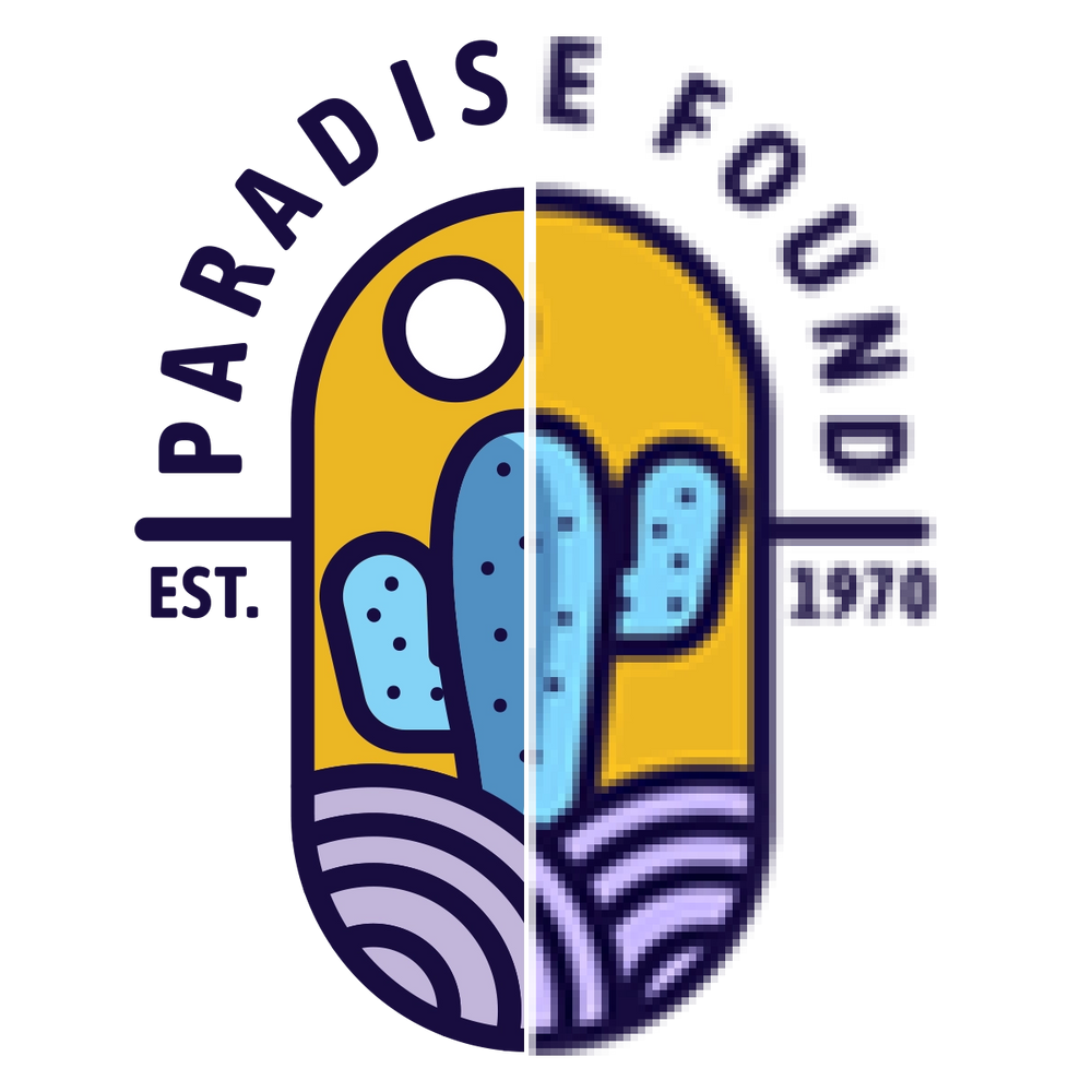 logo paradise found d'un coté flou pixelise et de l'autre net vectorise
